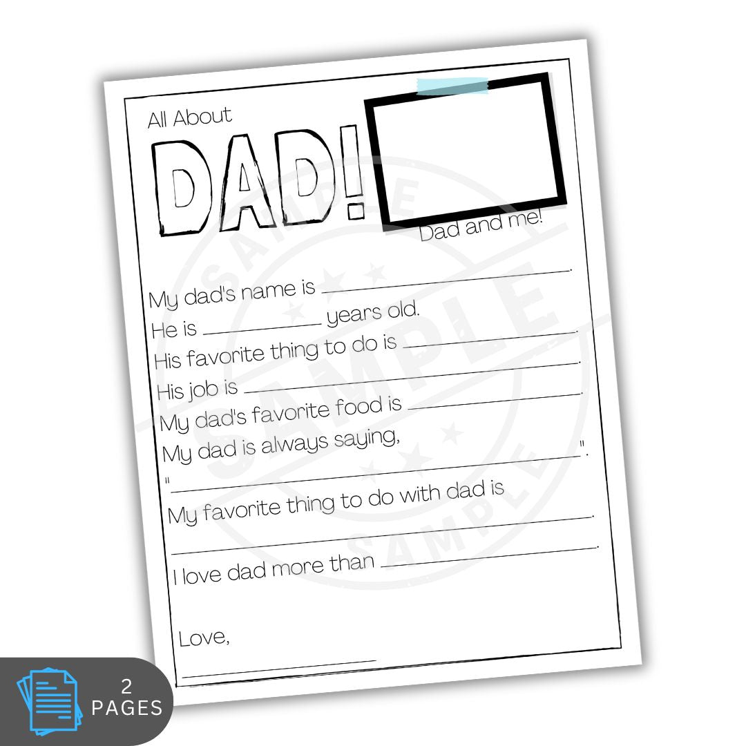 Fill-in-the-blank worksheet titled 'All About Dad!' on a white background