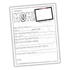 Black and white questionnaire titled 'All About Mom!' on a white background