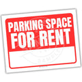 Red and white sign with 'Parking Space for Rent' text on a white background