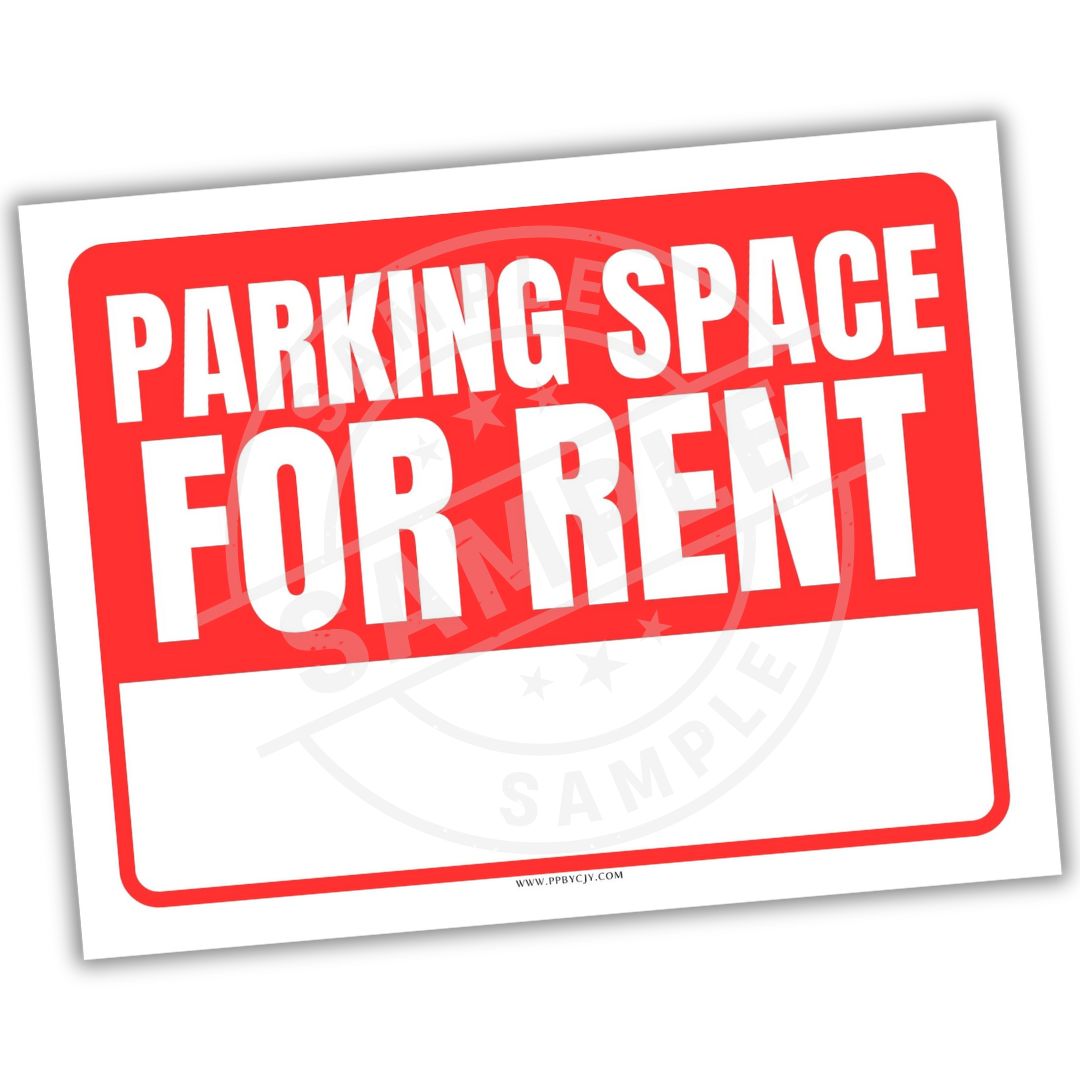 Red and white sign with 'Parking Space for Rent' text on a white background