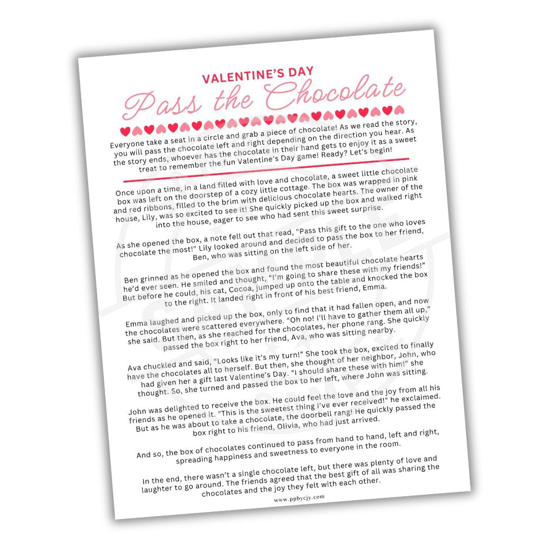 Valentine's Day-themed game sheet with text and pink hearts on a white background