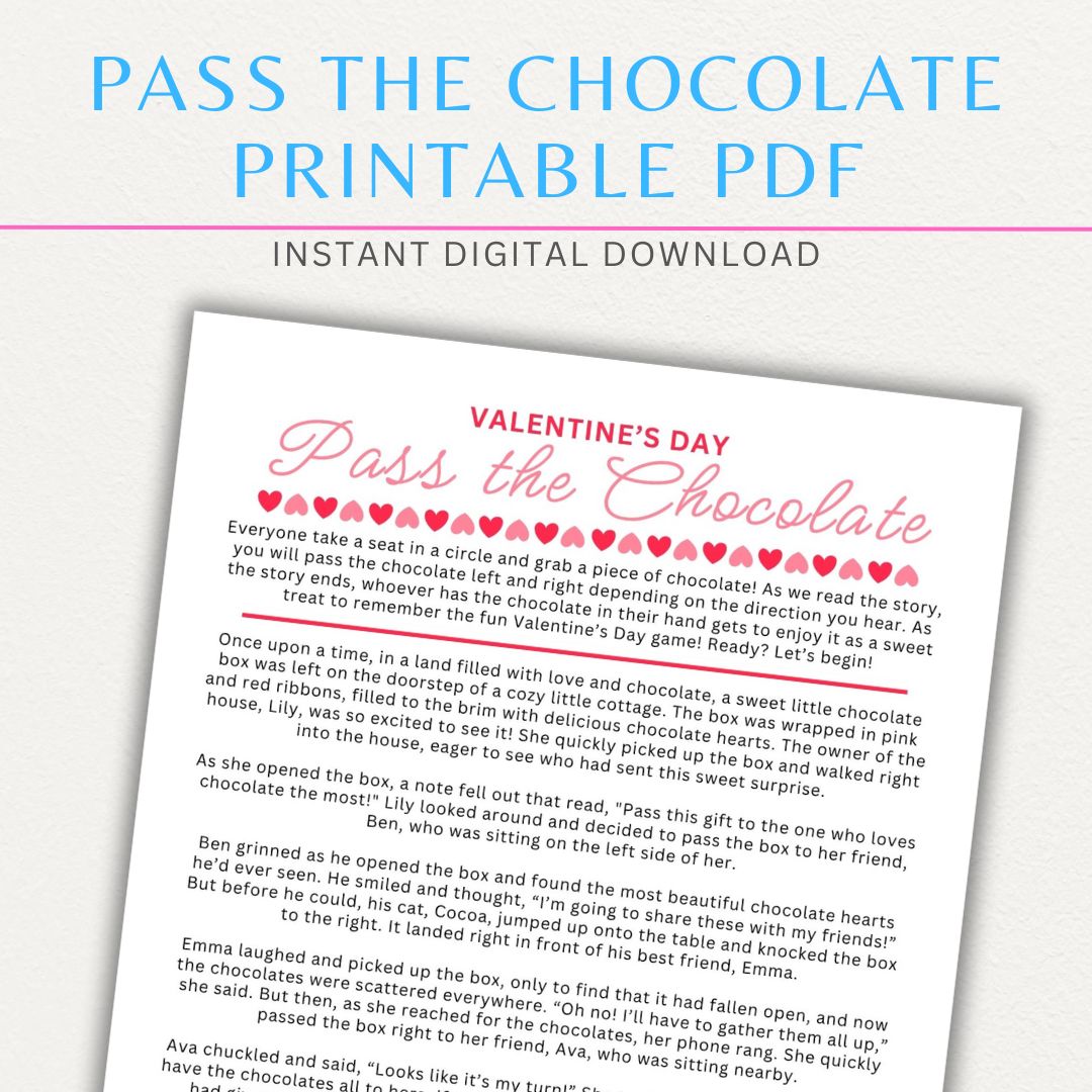 Valentine’s Day Pass the Chocolate game printable with instructions and questions for a fun, interactive party game.
