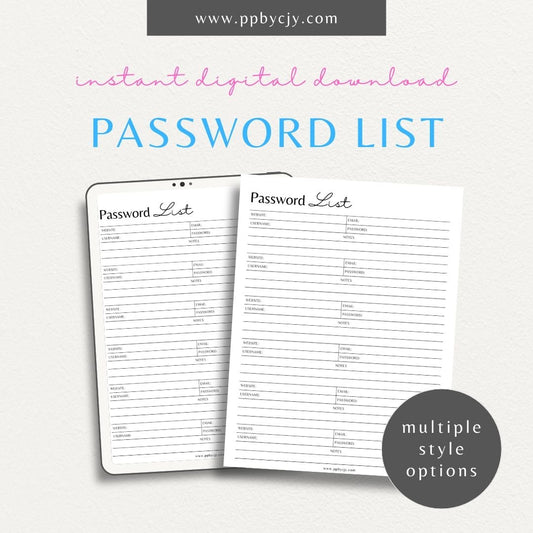 Password Tracker Printable Template – Digital download for securely recording and managing passwords, including account names, usernames, and passwords, with sections for notes and security questions