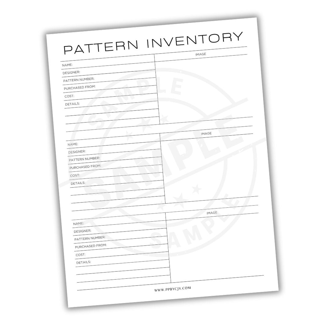 Pattern inventory sheet with columns for name, pattern number, purchased from, cost, and details on a white background.