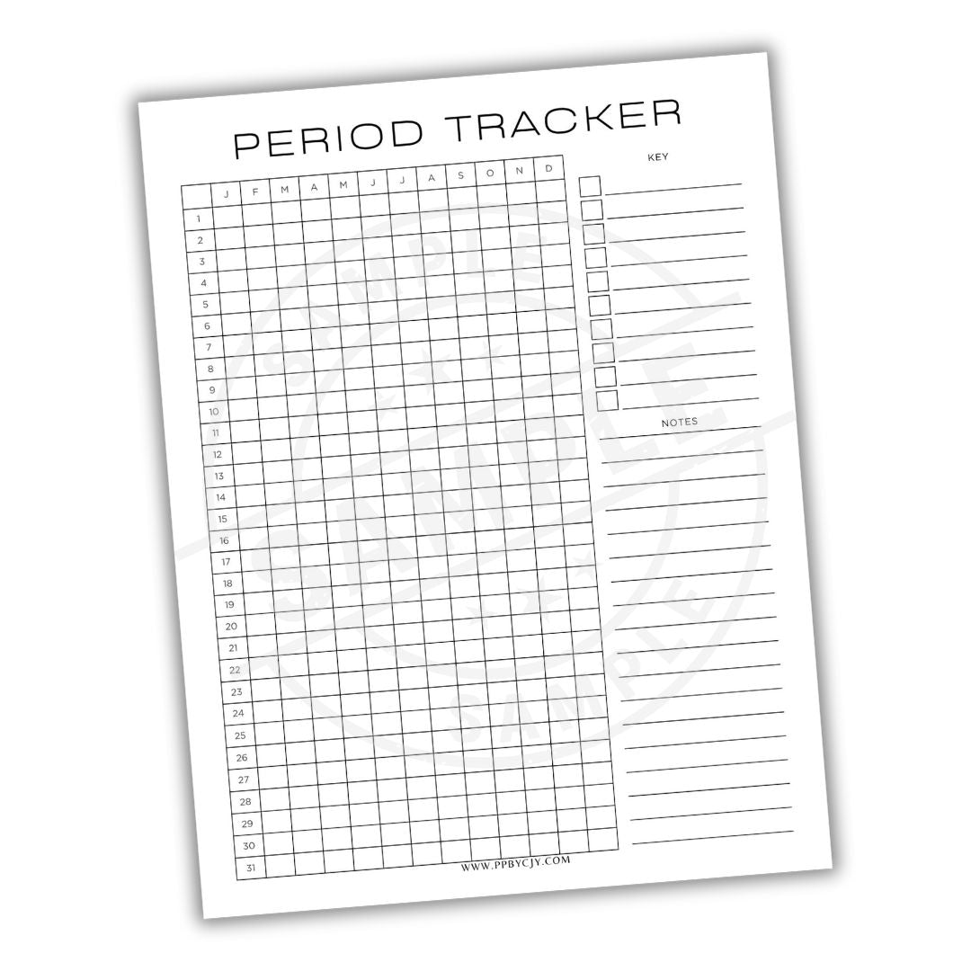 Period tracker sheet with grid and text on a white background