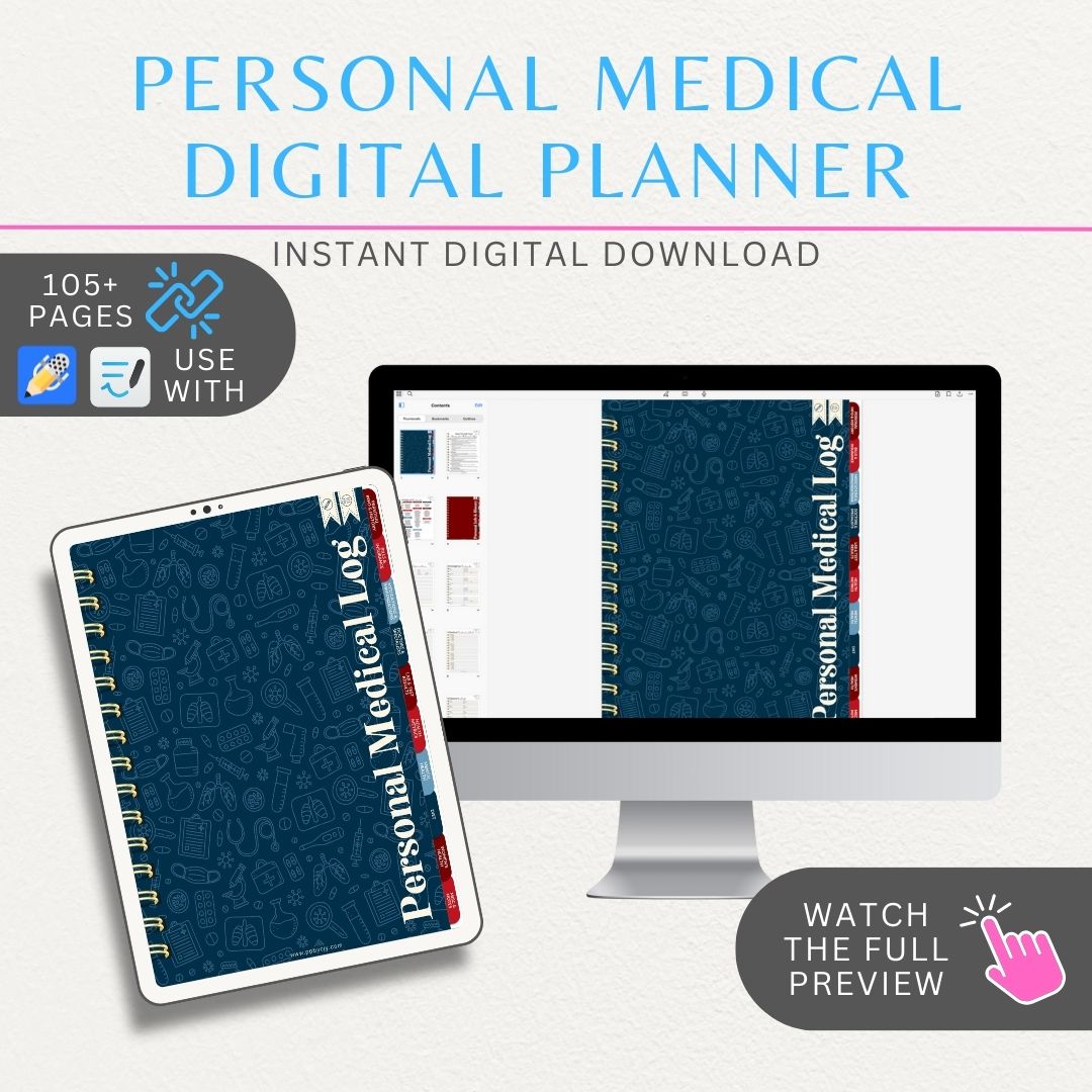 Personal Medical Digital Planner with 105+ hyperlinked pages, including appointment trackers, medication logs, doctor visit records, and health history,