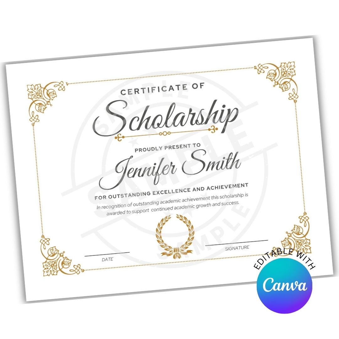 Scholarship certificate template with decorative border and 'Canva' branding.