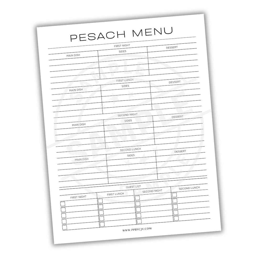 Pesach Menu planning sheet with columns for meals on each night of Passover