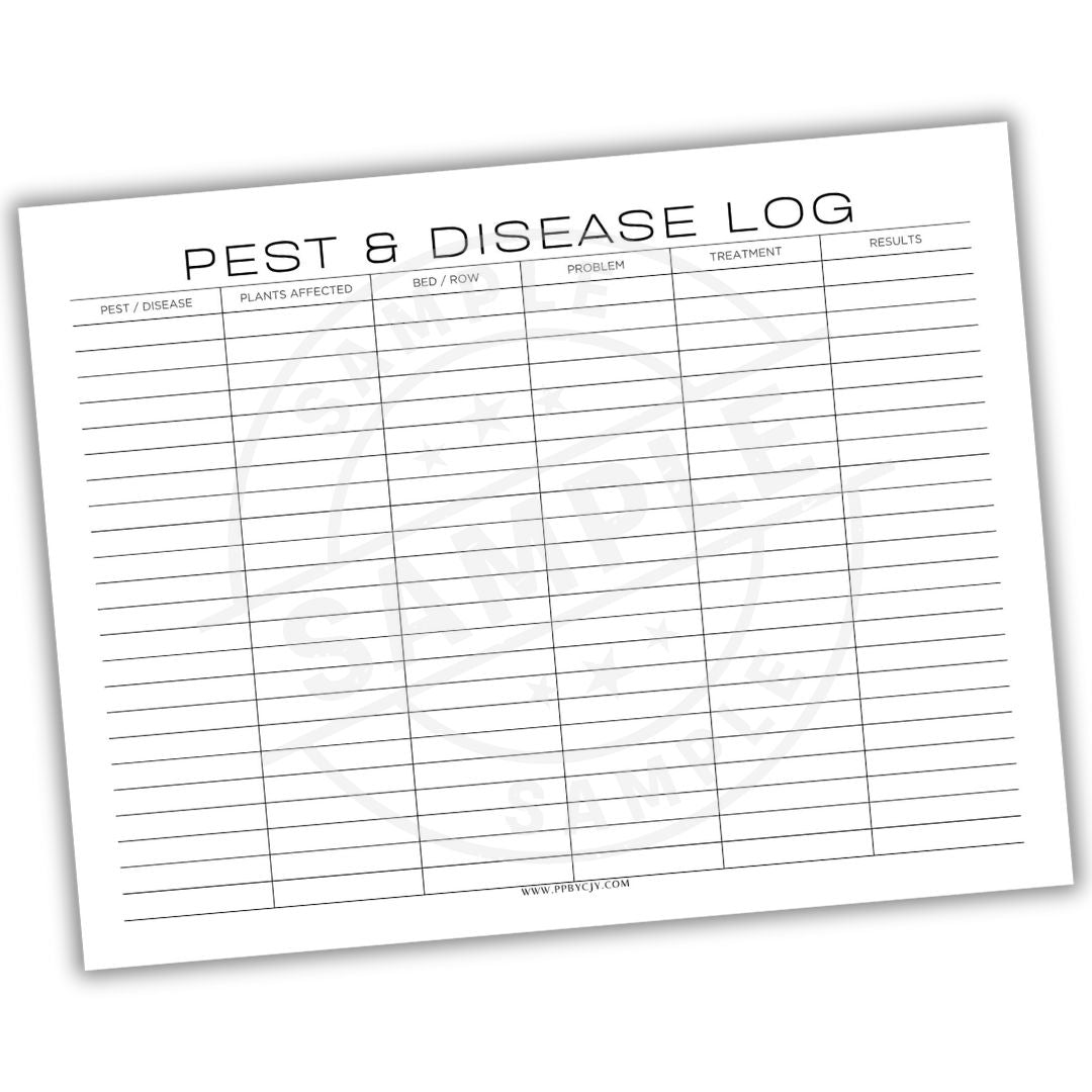 Pest and disease log sheet with columns for recording information