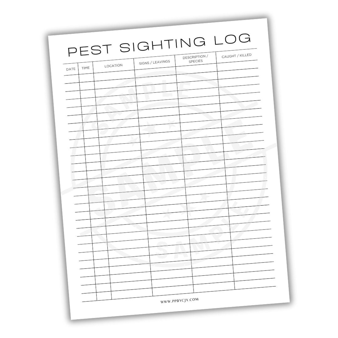 Pest sighting log sheet with columns for date, time, location, reason for sighting, description, species, caught, and killed.