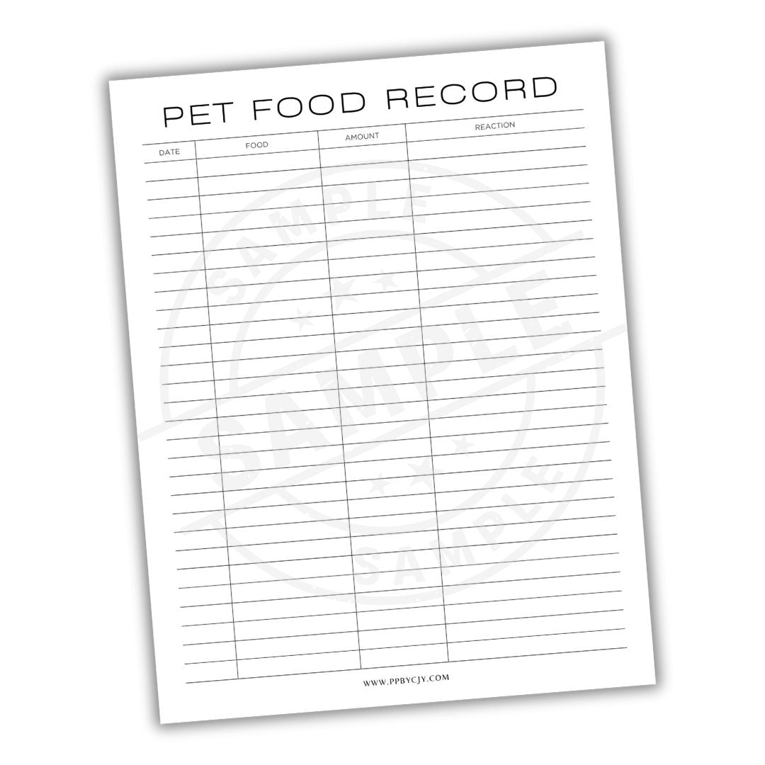Pet food record sheet with columns for date, food type, amount, and reaction on a white background.