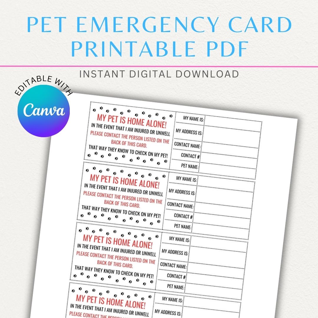 Personalized Pet Home Alone Emergency Card Printable PDF Template with pet details, emergency contacts, and care instructions.

