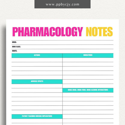 printable template page with columns and rows related to pharmacology nursing study