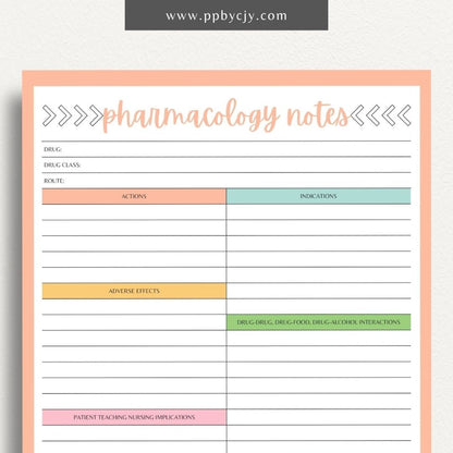 printable template page with columns and rows related to pharmacology nursing study