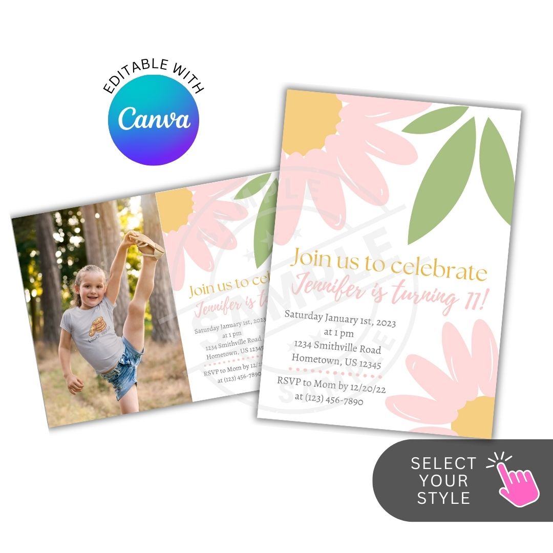 Invitation card with floral design and editable feature with Canva logo