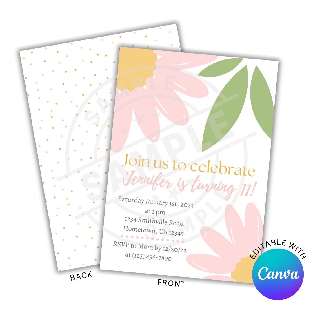 Invitation card with floral design and editable text feature, Canva logo visible.
