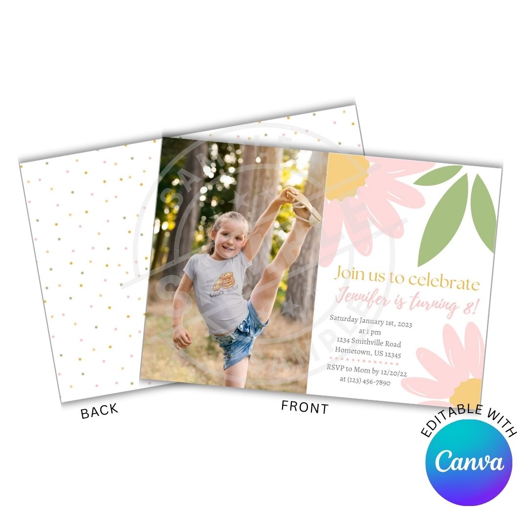 Invitation card with a photo of a child and floral design, featuring Canva branding.