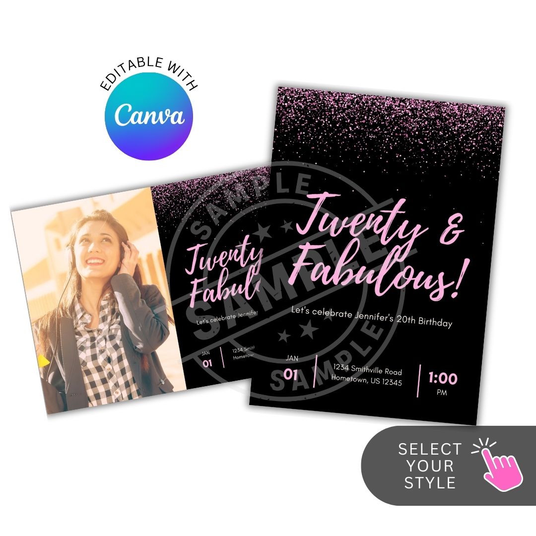 Birthday invitation card with 'Twenty & Fabulous!' text and Canva logo.