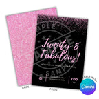 Pink and black birthday invitation with 'Twenty & Fabulous!' text, Canva logo visible.