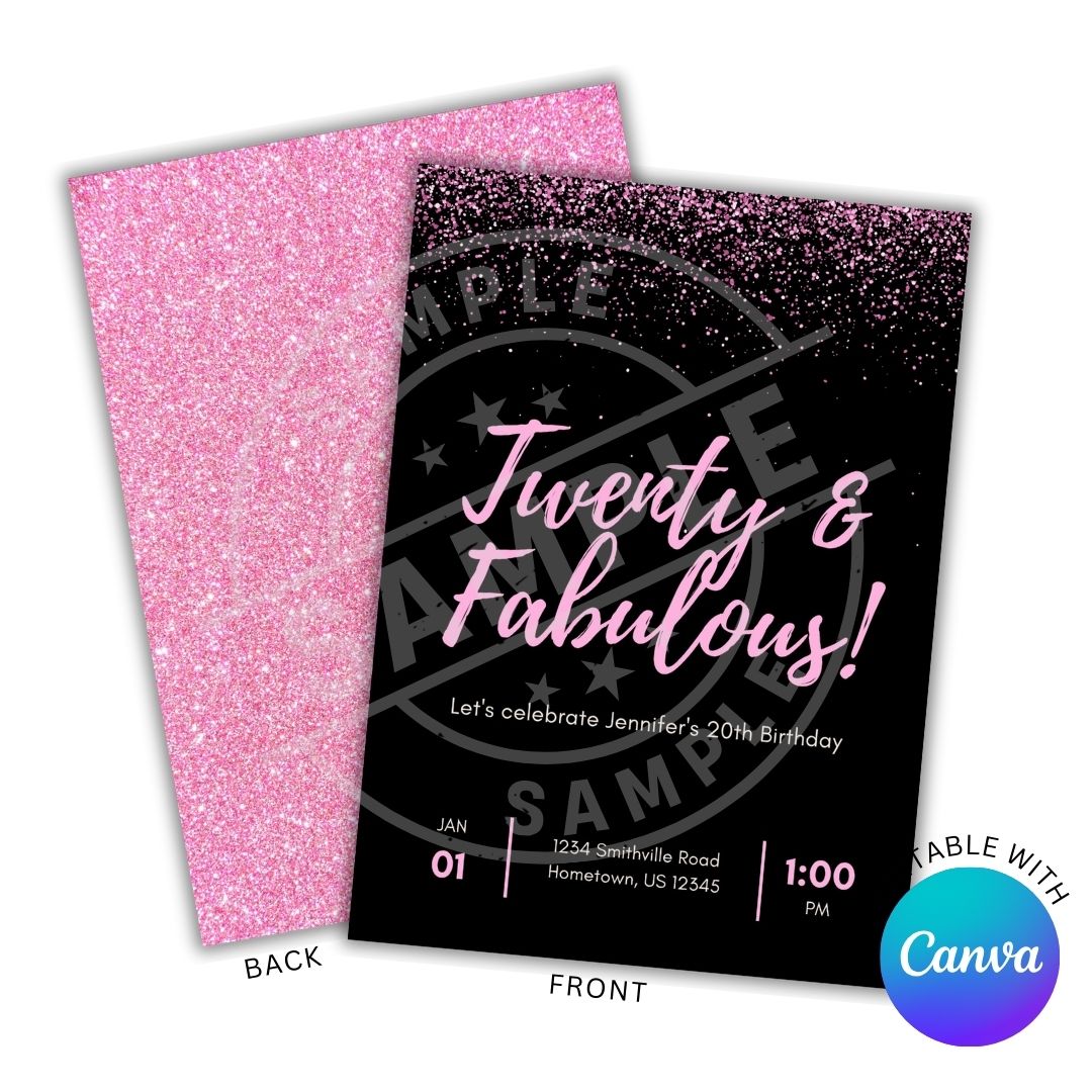 Pink and black birthday invitation with 'Twenty & Fabulous!' text, Canva logo visible.