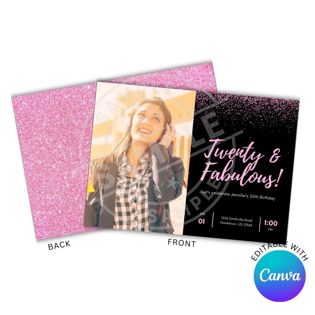 Two sides of a birthday invitation card with a photo and text on a white background.