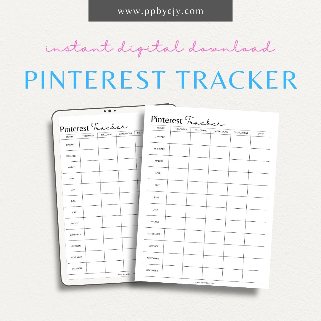 Pinterest Analytics Tracker printable template to monitor pins, impressions, clicks, and engagement for optimized performance.

