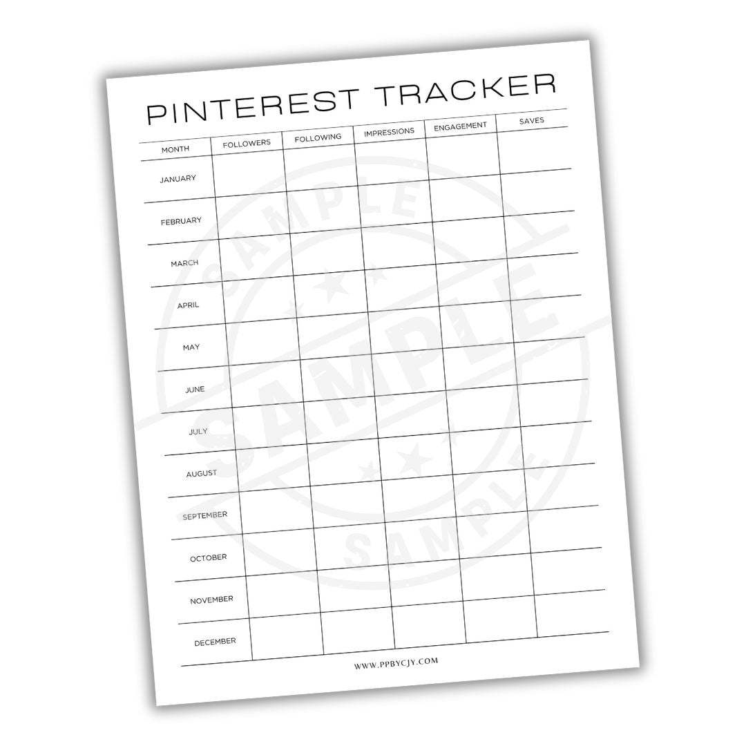 Pinterest Tracker sheet with columns for month, followers, following, impressions, engagement, and saves on a white background.