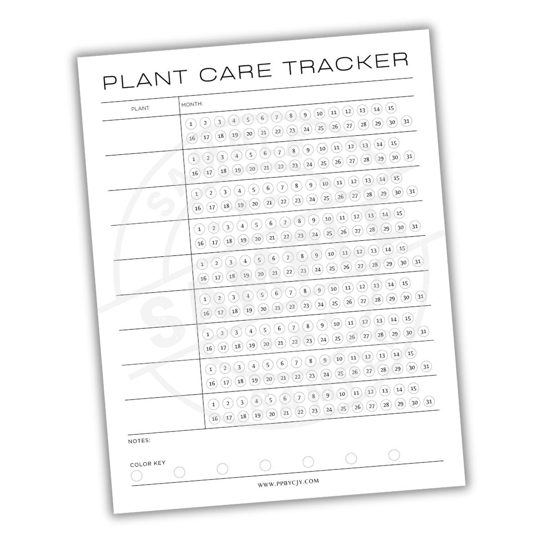 Plant care tracker sheet with columns for plant name, month, and notes on a white background.