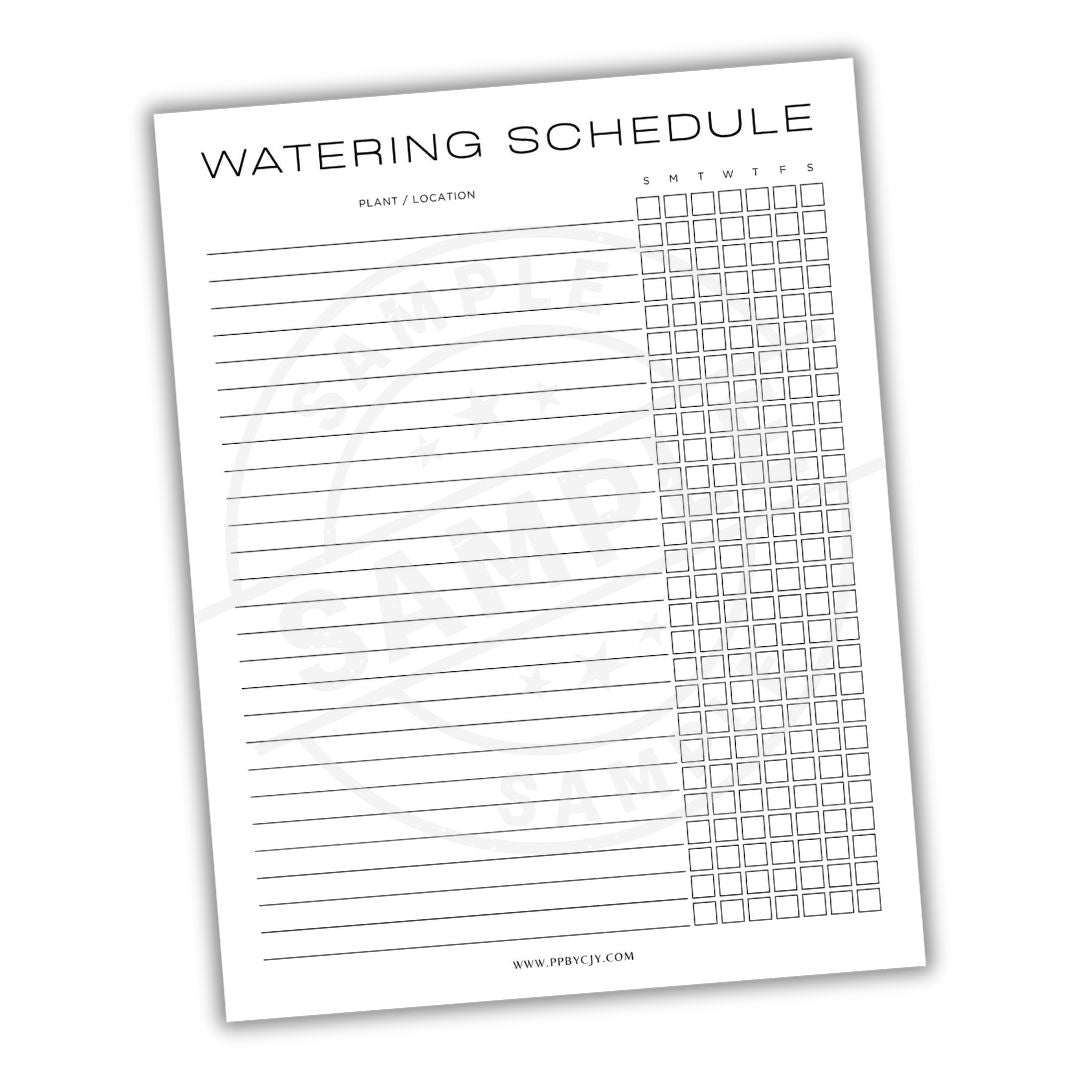 Watering schedule sheet with checkboxes and text on a white background