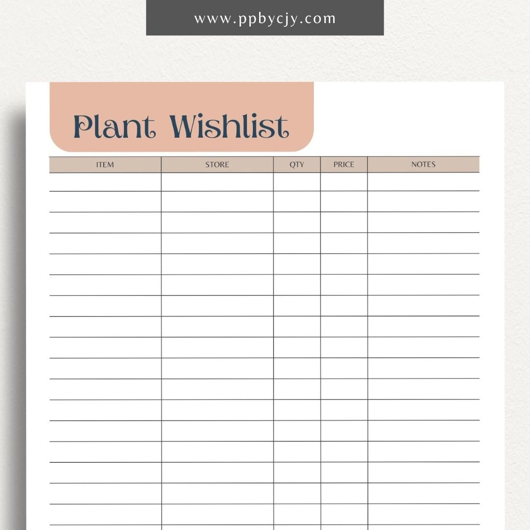 printable template page with columns and rows related to plant wishlist