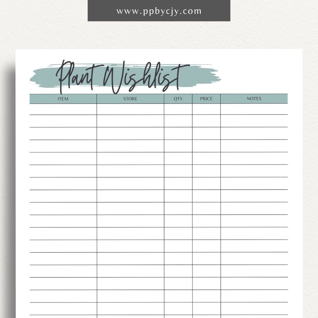printable template page with columns and rows related to plant wishlist