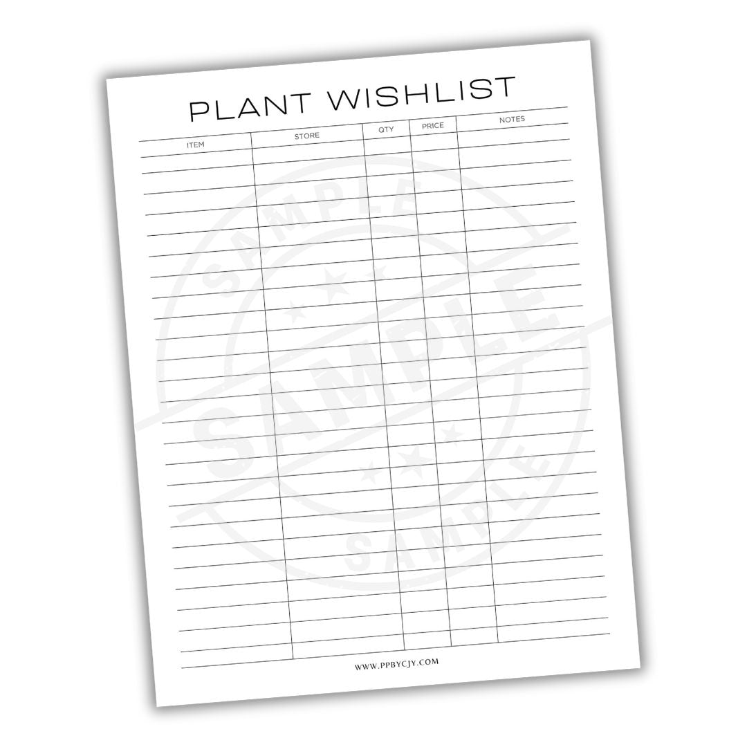Plant wishlist sheet with columns for name, store, quantity, price, and notes on a white background.