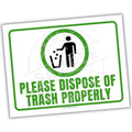 Sign with a graphic of a person disposing of trash and text 'Please Dispose of Trash Properly' on a white background.