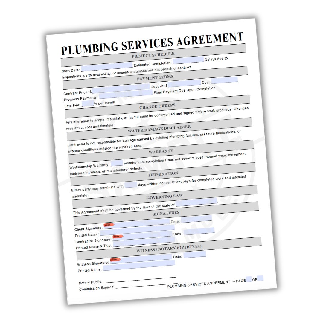 Plumbing services agreement form on a white background