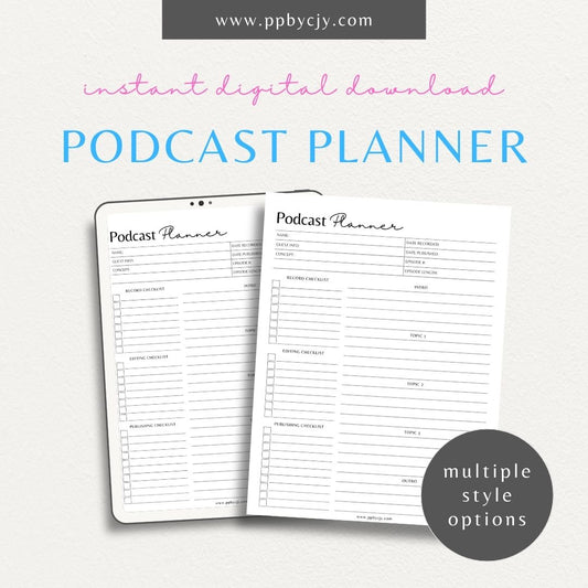 Podcast Planner Printable Template – Digital download for organizing and scheduling podcast episodes, topics, and guests