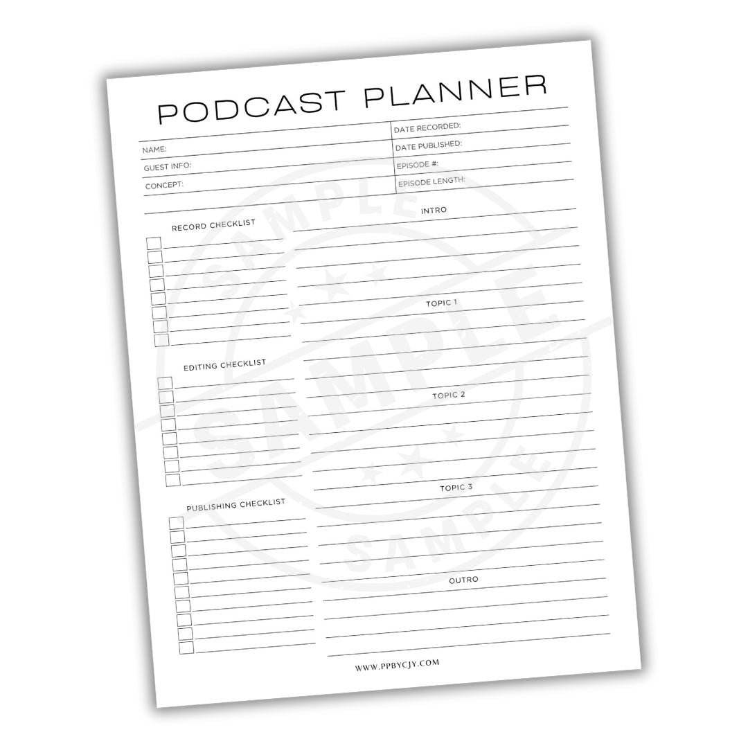 Podcast planner sheet with various sections on a white background