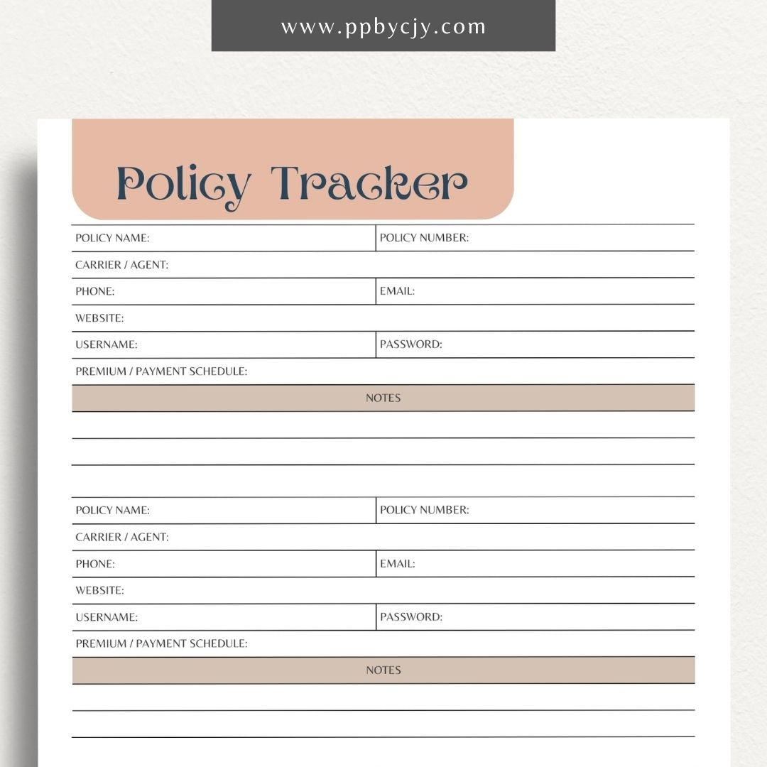 Insurance Policy Tracker Printable Template – Digital download for organizing and managing your insurance policies, coverage details, and renewal dates