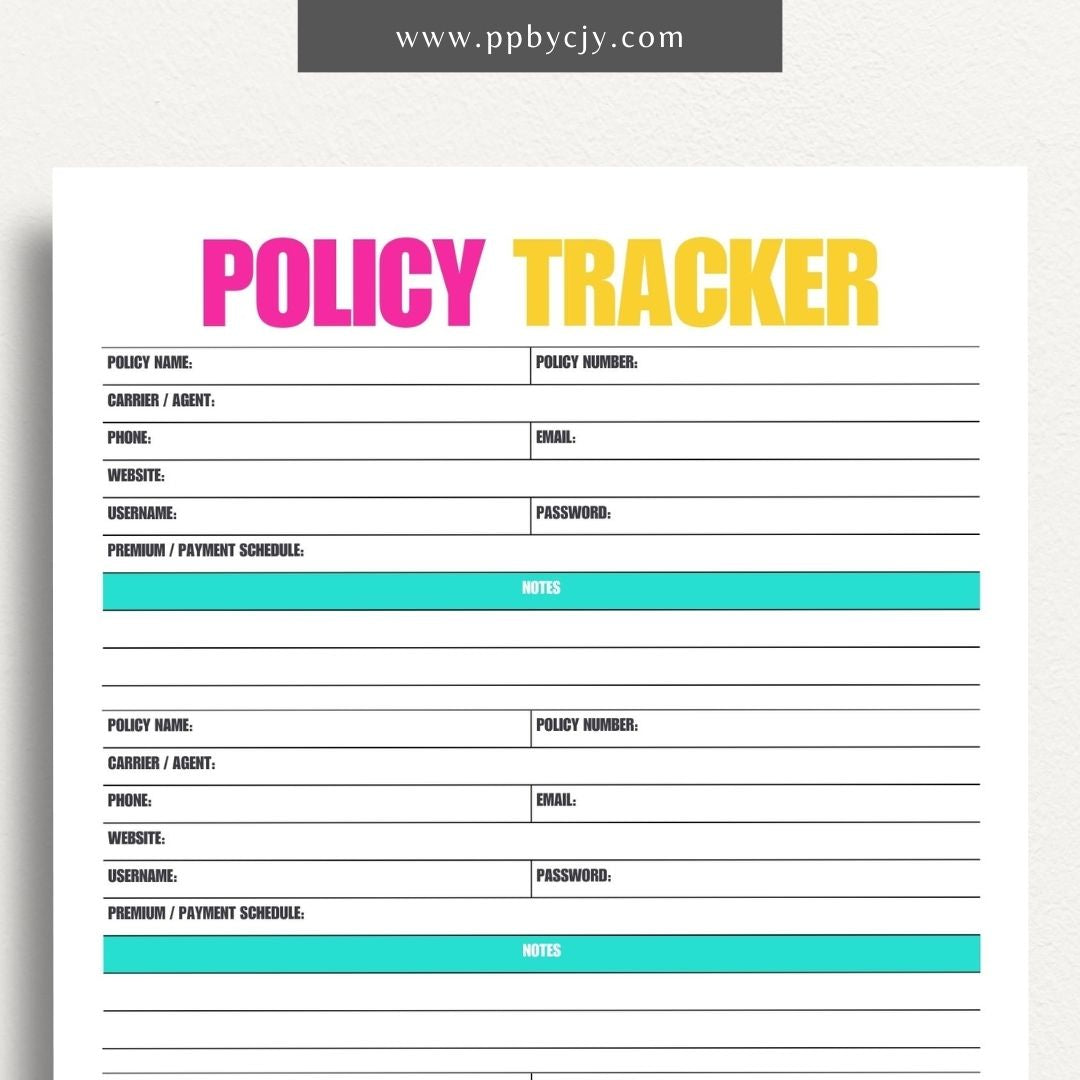 Insurance Policy Tracker Printable Template – Digital download for organizing and managing your insurance policies, coverage details, and renewal dates