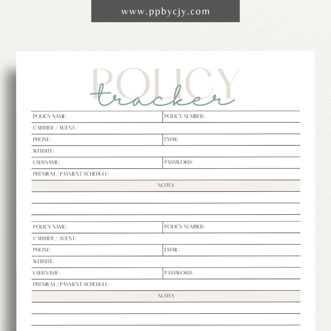 Insurance Policy Tracker Printable Template – Digital download for organizing and managing your insurance policies, coverage details, and renewal dates