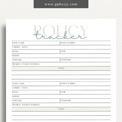 Insurance Policy Tracker Printable Template – Digital download for organizing and managing your insurance policies, coverage details, and renewal dates