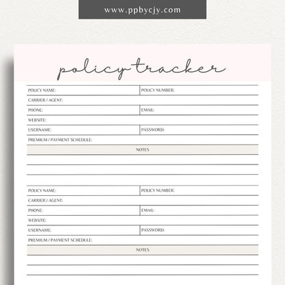 Insurance Policy Tracker Printable Template – Digital download for organizing and managing your insurance policies, coverage details, and renewal dates