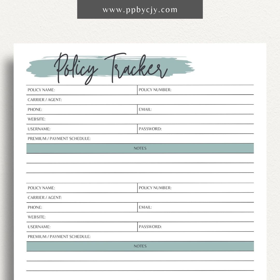 Insurance Policy Tracker Printable Template – Digital download for organizing and managing your insurance policies, coverage details, and renewal dates