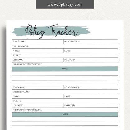 Insurance Policy Tracker Printable Template – Digital download for organizing and managing your insurance policies, coverage details, and renewal dates