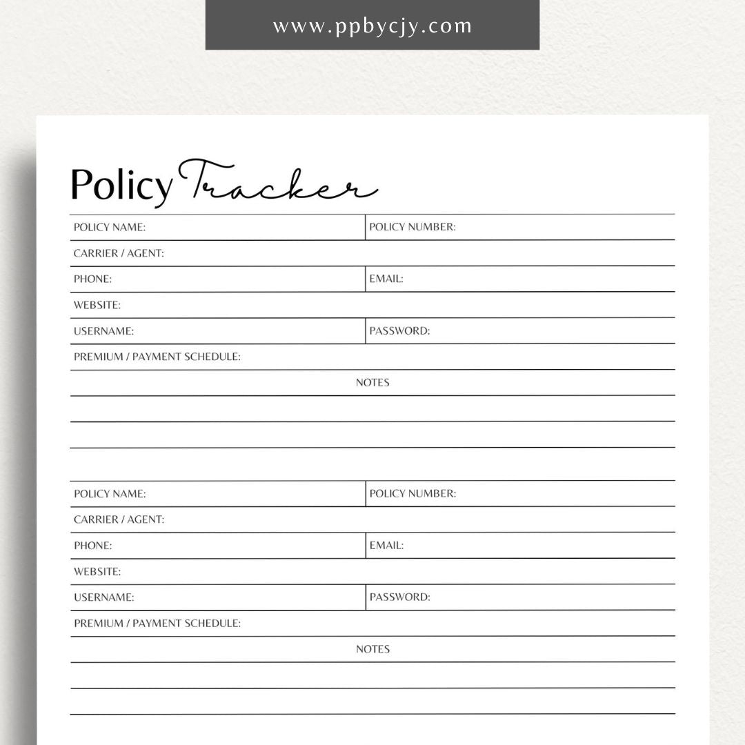 Insurance Policy Tracker Printable Template – Digital download for organizing and managing your insurance policies, coverage details, and renewal dates