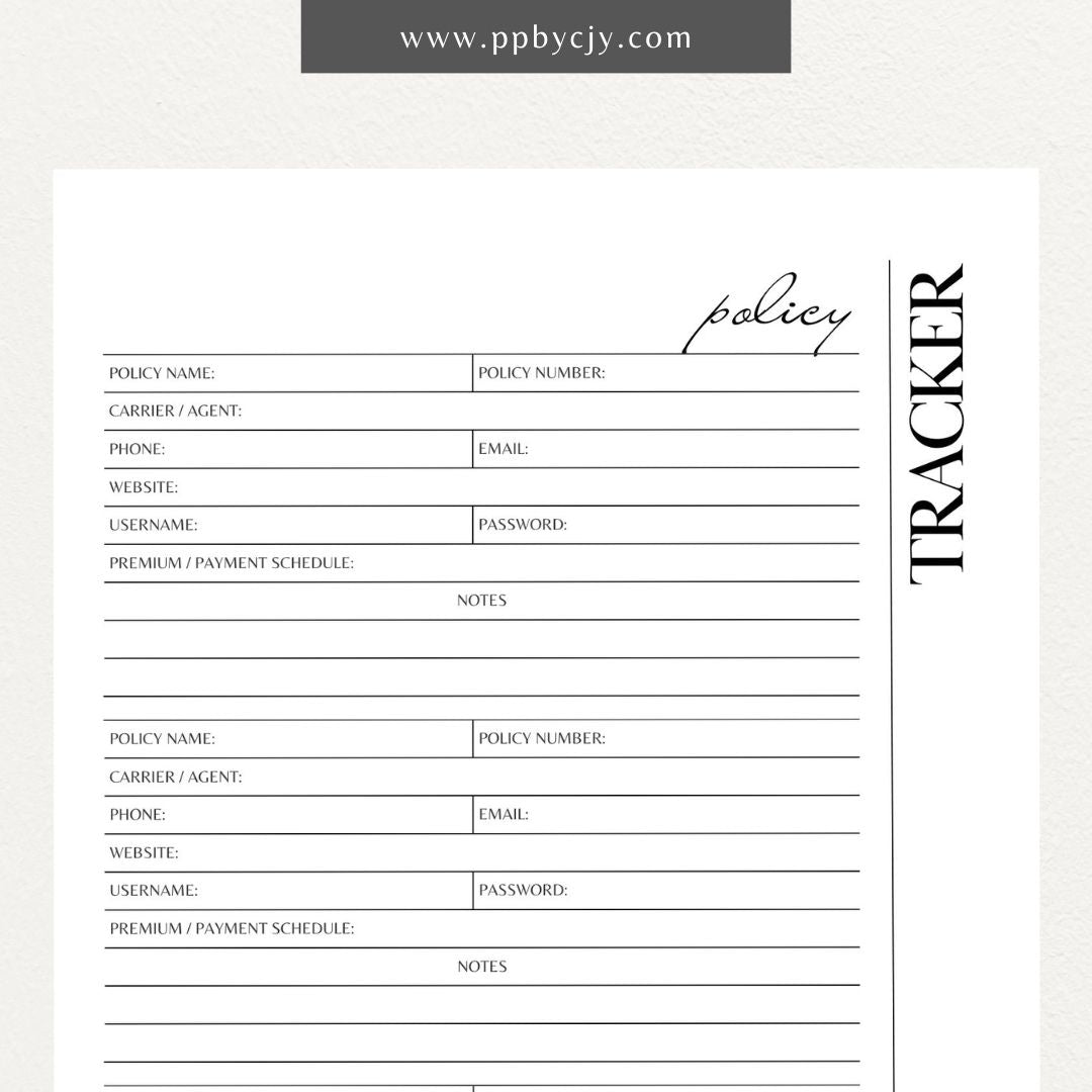 Insurance Policy Tracker Printable Template – Digital download for organizing and managing your insurance policies, coverage details, and renewal dates