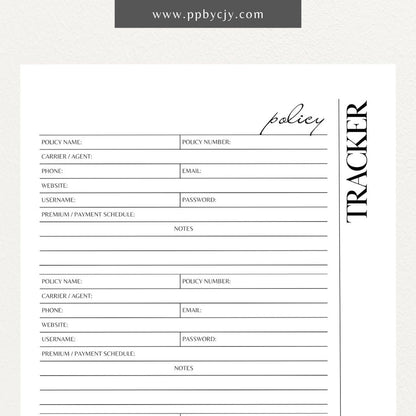 Insurance Policy Tracker Printable Template – Digital download for organizing and managing your insurance policies, coverage details, and renewal dates