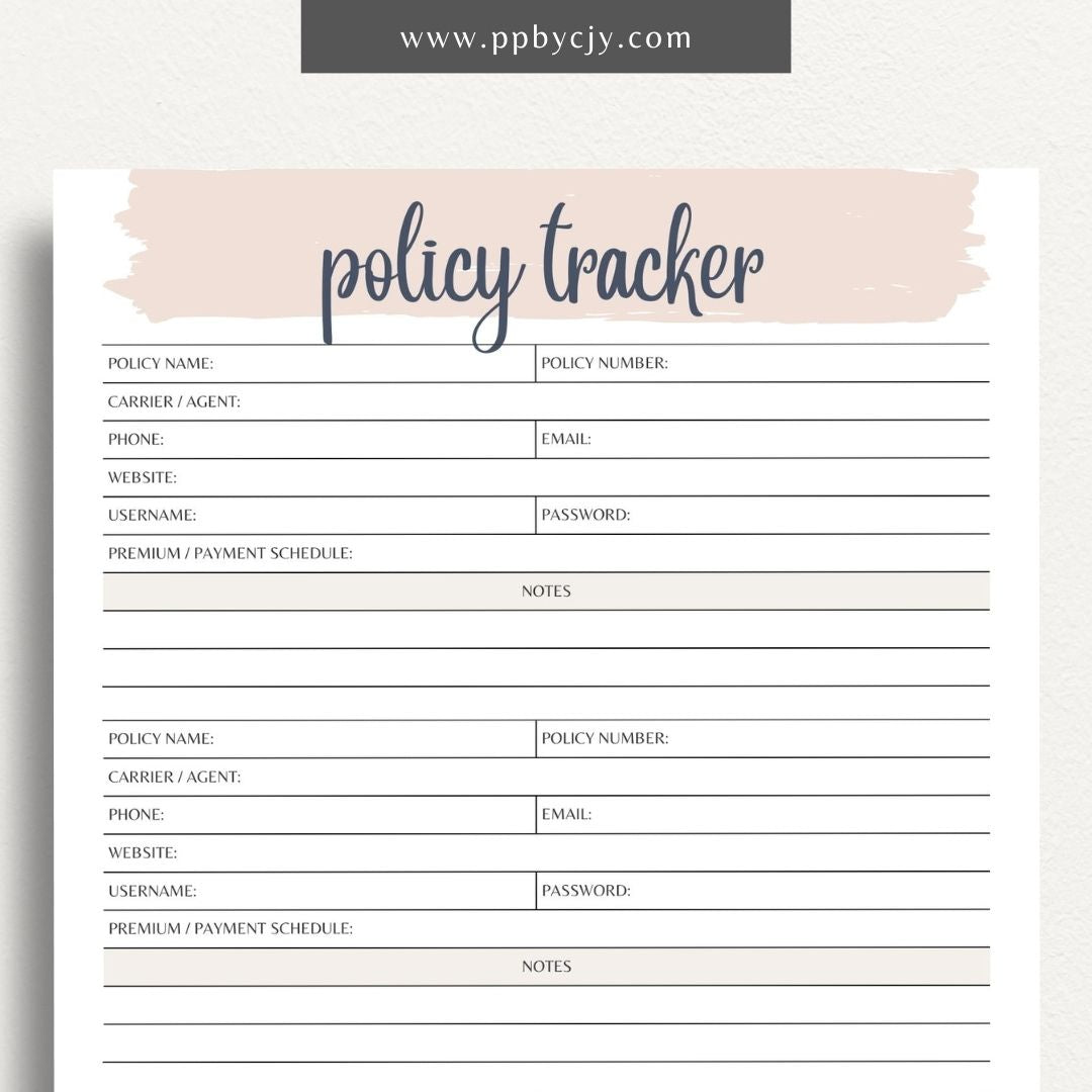 Insurance Policy Tracker Printable Template – Digital download for organizing and managing your insurance policies, coverage details, and renewal dates