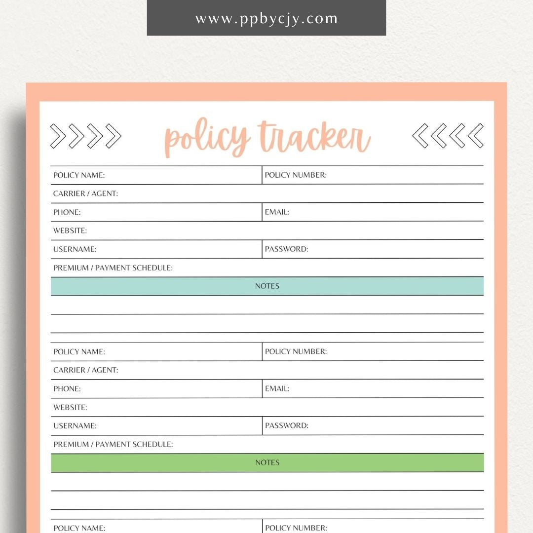 Insurance Policy Tracker Printable Template – Digital download for organizing and managing your insurance policies, coverage details, and renewal dates