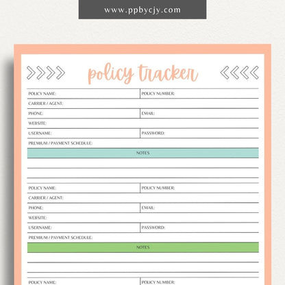 Insurance Policy Tracker Printable Template – Digital download for organizing and managing your insurance policies, coverage details, and renewal dates