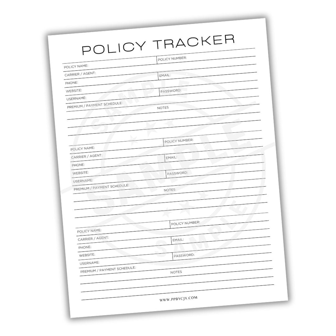 Policy Tracker sheet with columns for policy details on a white background